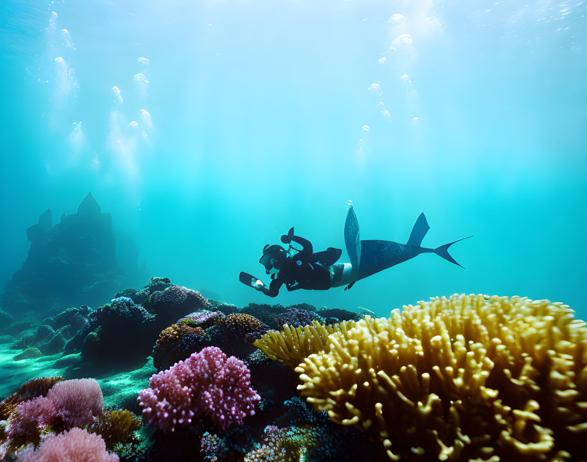 Colorful Marine Life and Shark on Vibrant Coral Reef