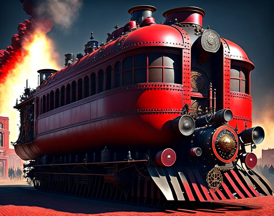 Red Steam Locomotive with Brass Details Against Industrial Backdrop