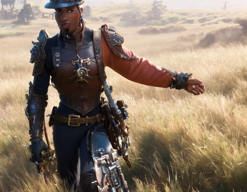 Futuristic armored female character in golden grass field portrait