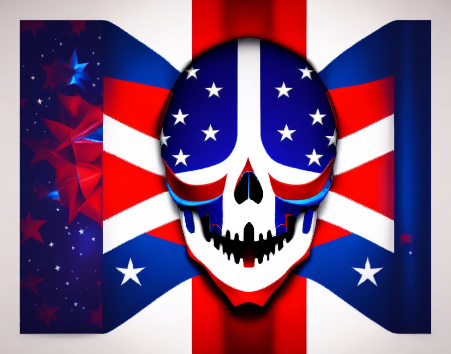 Stylized skull on American flag background with abstract shapes