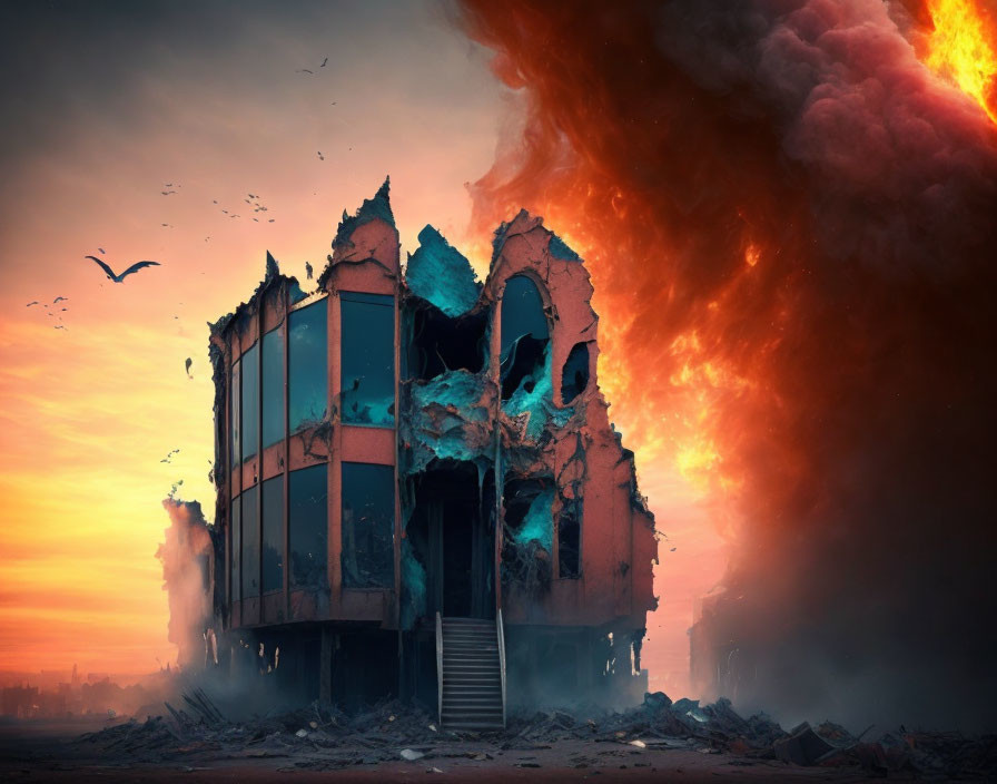 Abandoned building in fiery sky with crumbling facade and soaring birds