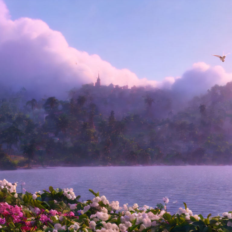 Tranquil lake scene with blooming flowers, misty hill, and distant steeple under