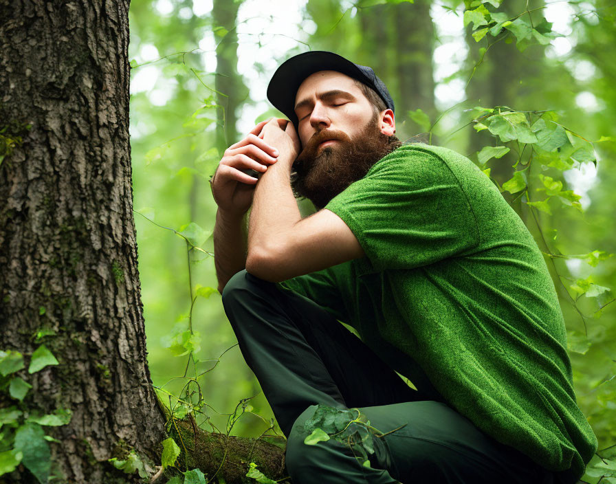 Bearded man in baseball cap rests in lush forest