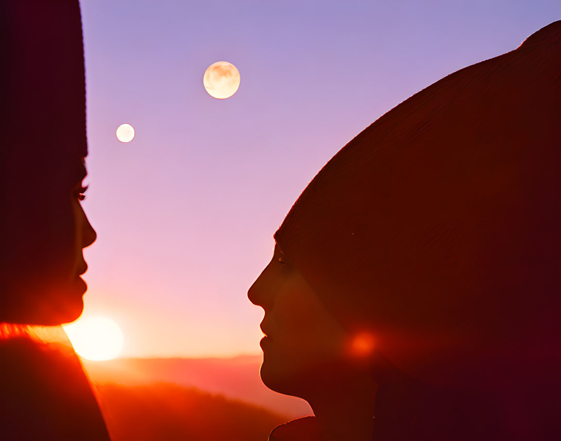 Silhouetted profiles at sunset with moon and star in pinkish-orange sky