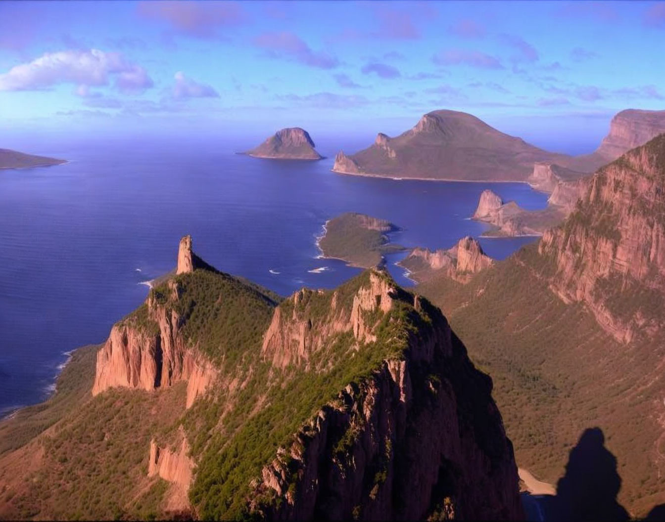 Aerial Coastal Landscape: Sunset, Cliffs, Islands, Greenery