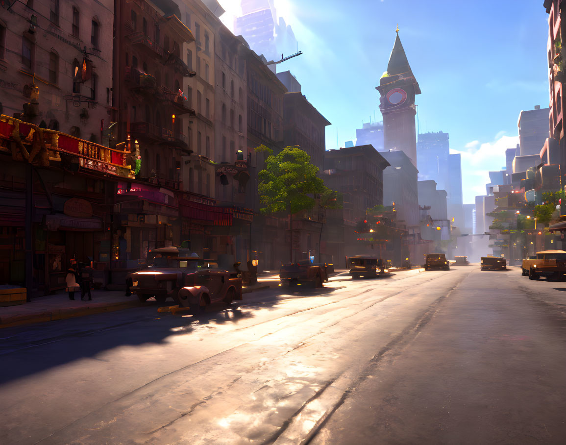 Vintage cars and historic buildings on sunlit street with iconic clock tower