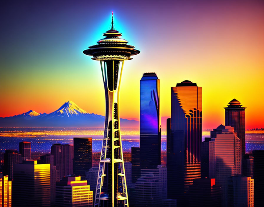 City skyline with needle-like tower and mountain backdrop at sunset