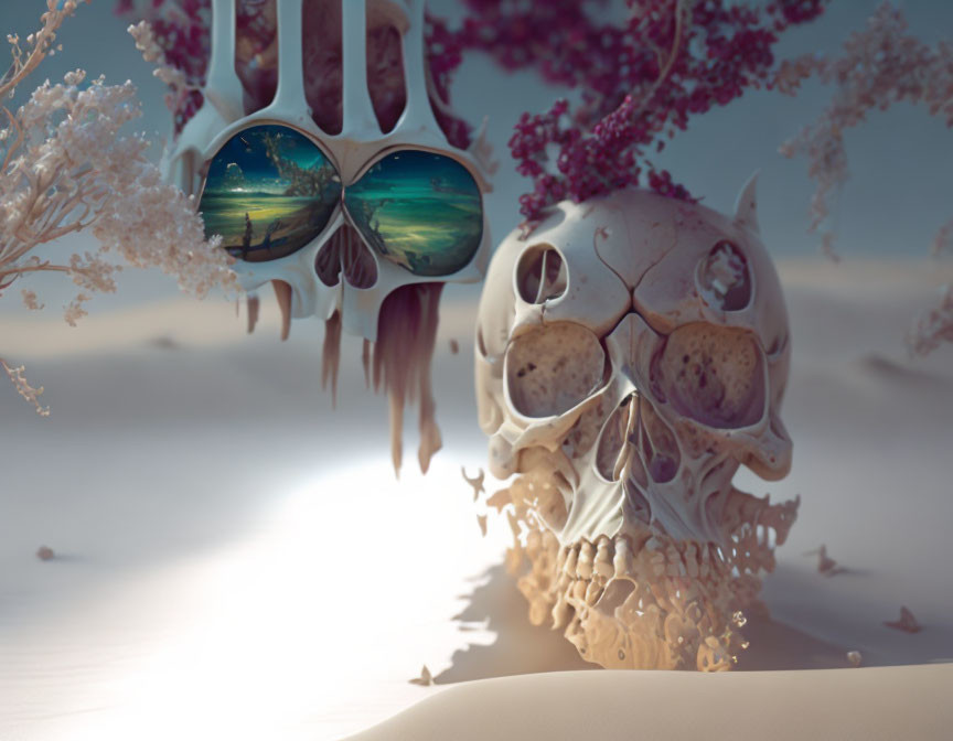 Surreal composite image: Skulls in vibrant landscape