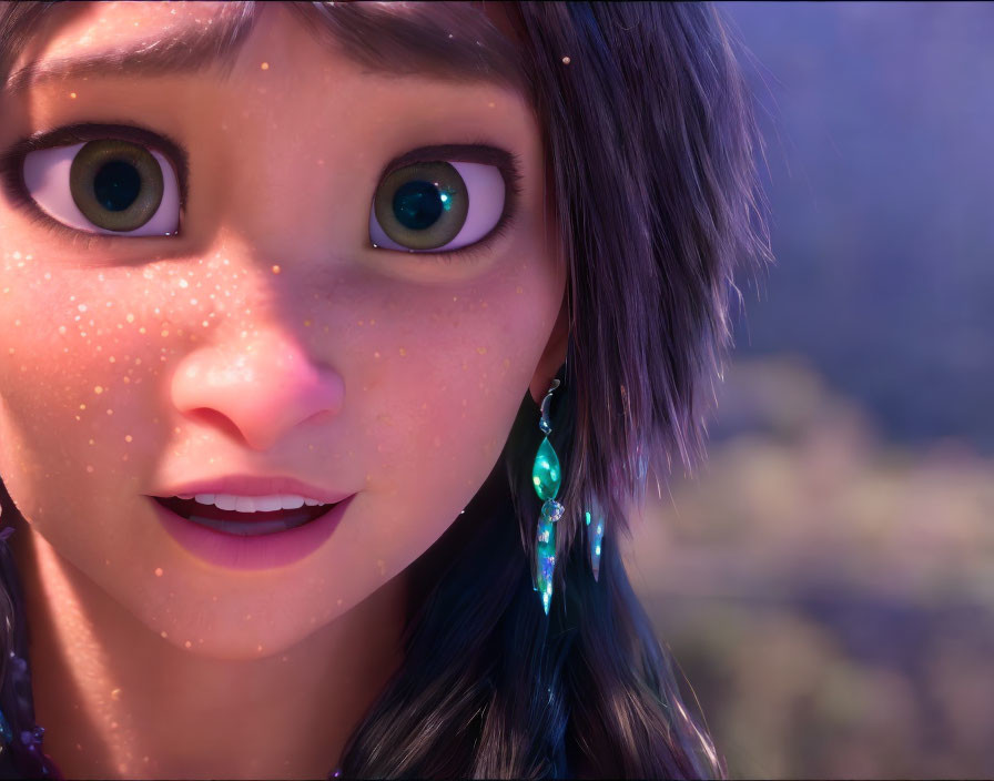 Animated female character with green eyes and freckles in teal earring showing surprise.