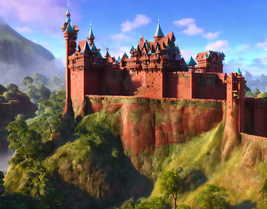 Animated castle on cliff with multiple spires in warm sunlight