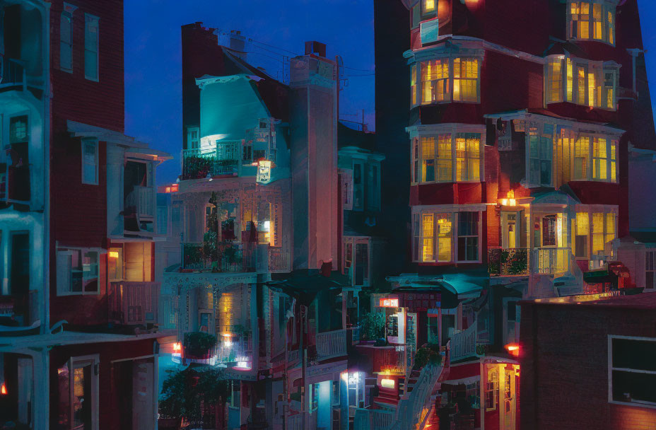 Colorful Victorian houses on steep street at twilight