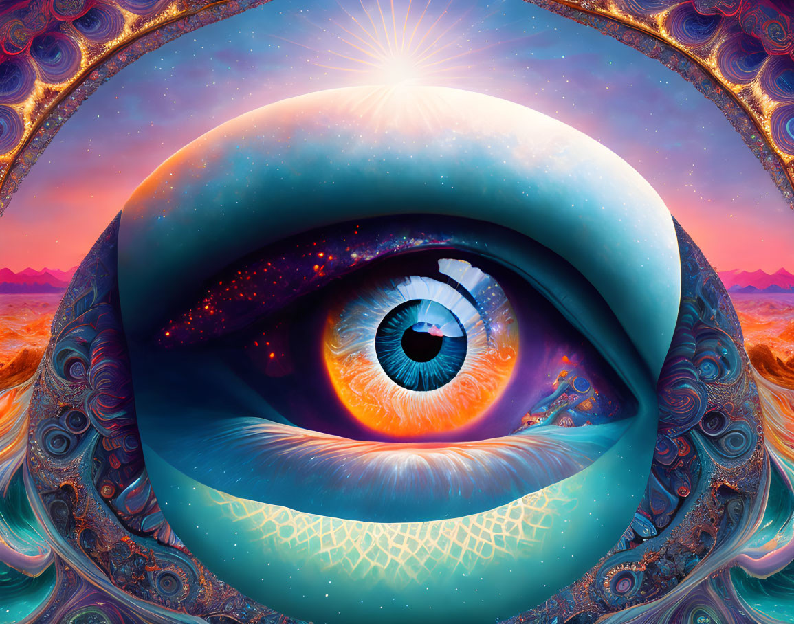 Detailed surreal artwork of cosmic eye in mountain landscape