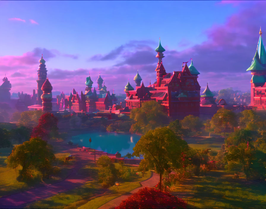 Vibrant fairy-tale cityscape at sunset with exaggerated spires and domes.