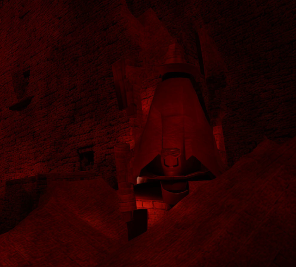 Mysterious red-lit cavernous space with ancient ruins ambiance