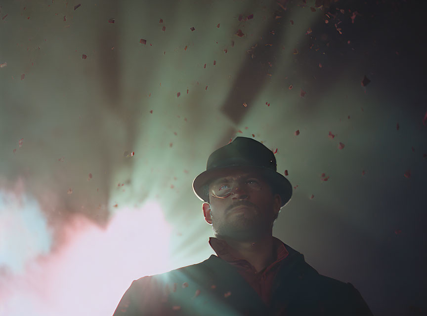 Man in hat gazes upward in moody, pink and blue setting