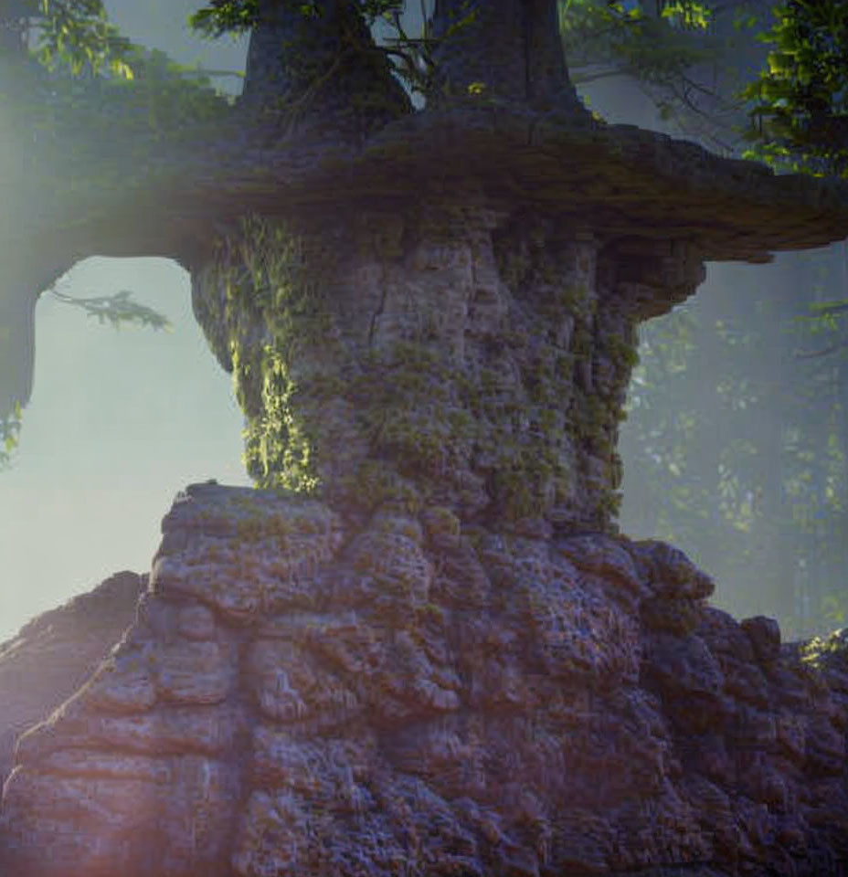 Mystical tree on rock in soft light