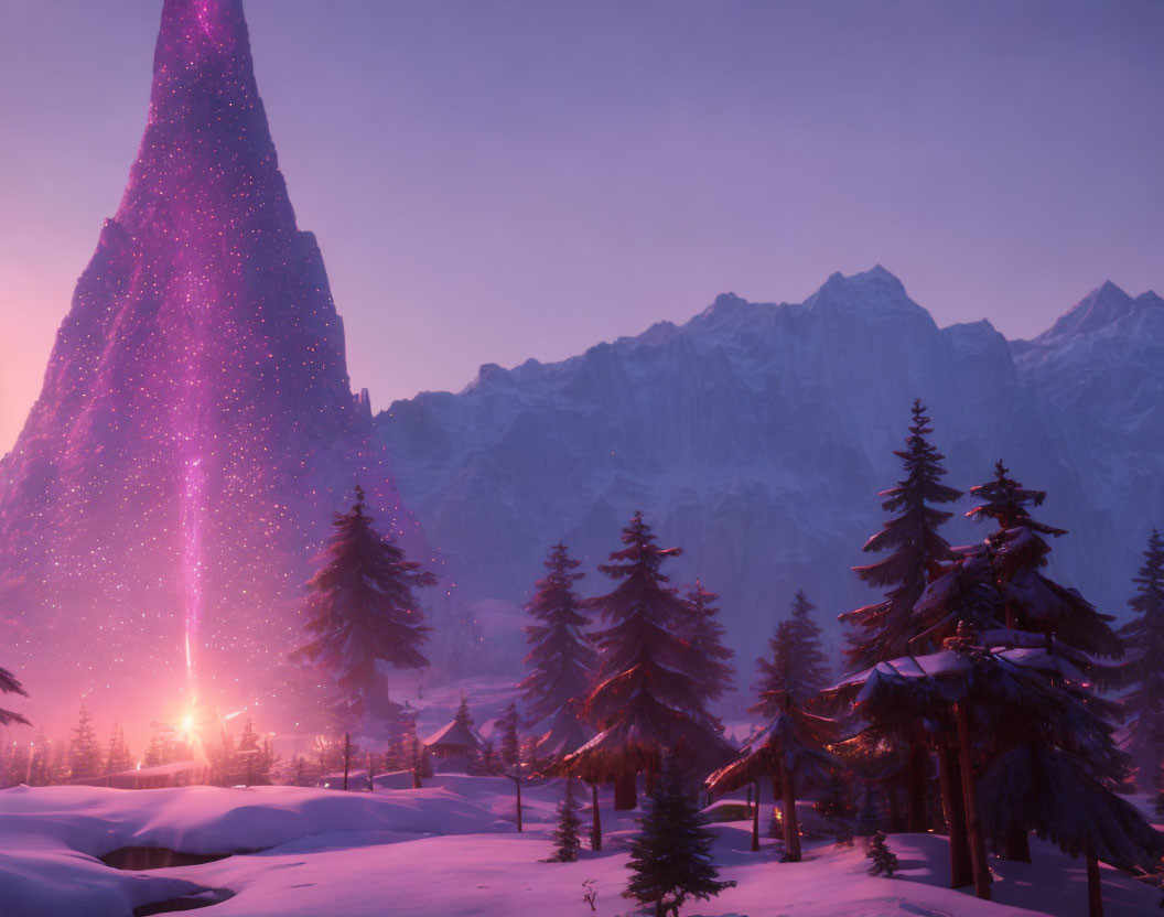 Mountain peak glowing with violet aurora light at dusk