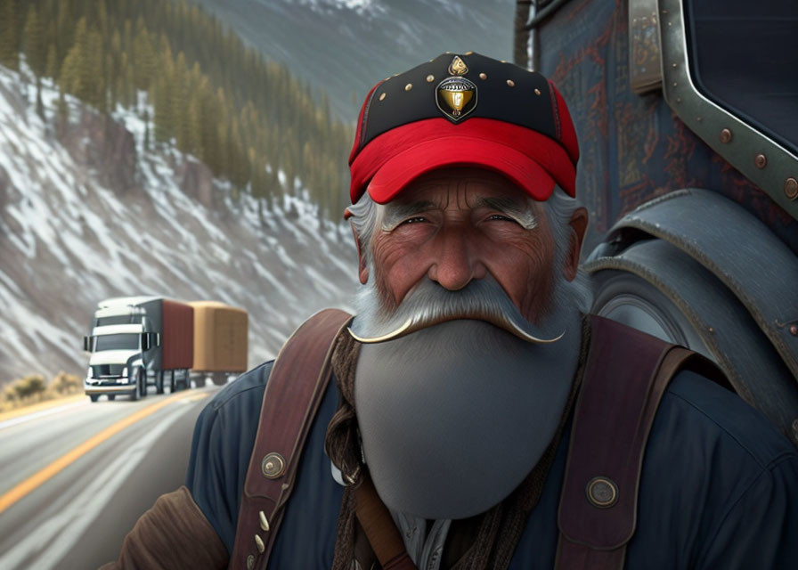 Elderly Man with White Mustache Smiling by Highway & Snowy Mountain