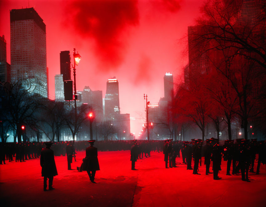 Group of people under red-hued sky in city park at night