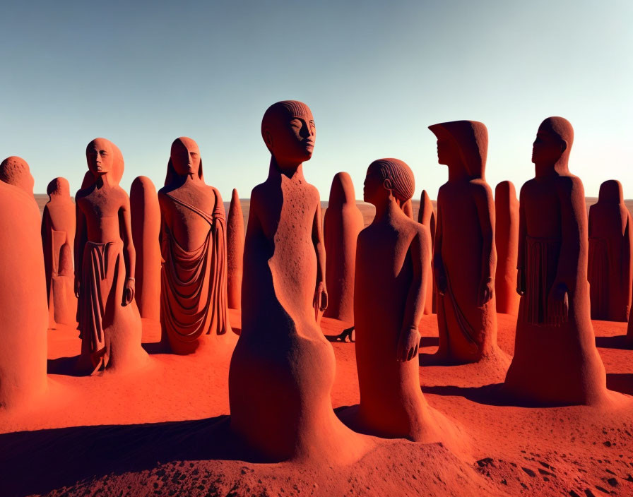 Elongated head statues in desert landscape at sunrise or sunset