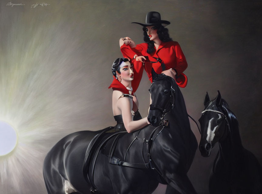 Two elegant women in red attire on black horses in soft light background