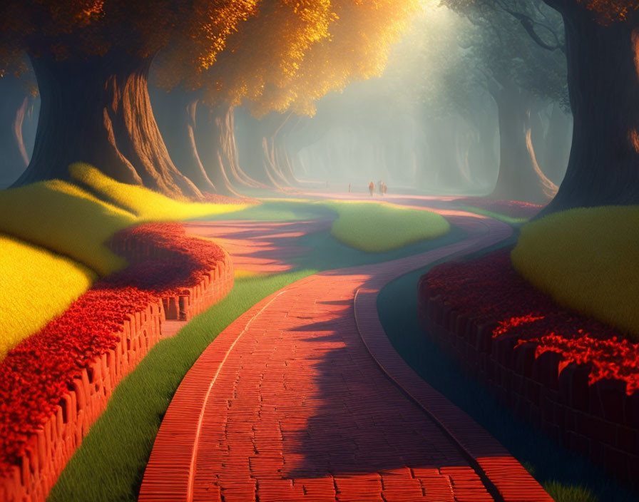 Tranquil brick path with flowerbeds, trees, and distant figures