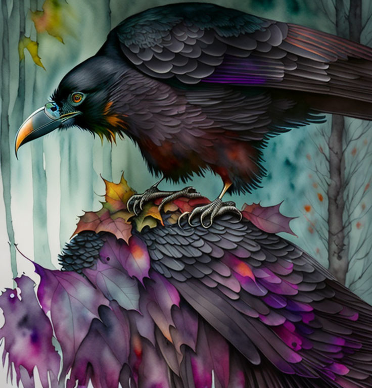 Colorful Raven Illustration Among Purple and Orange Leaves in Mystical Forest