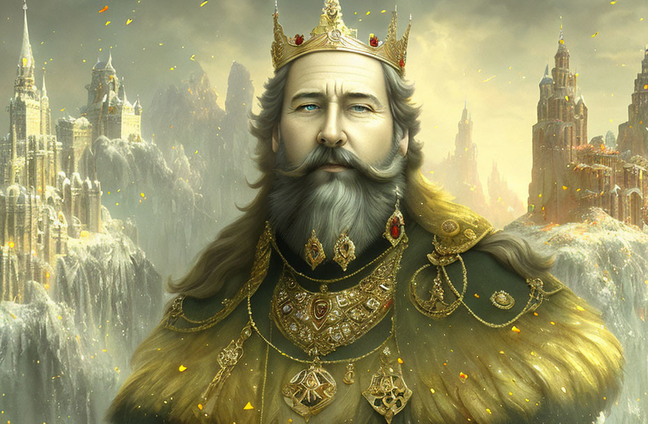 Regal figure in golden crown and armor at fantasy castle