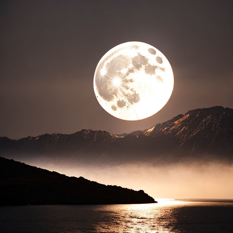 Full moon over mountain range reflecting on water