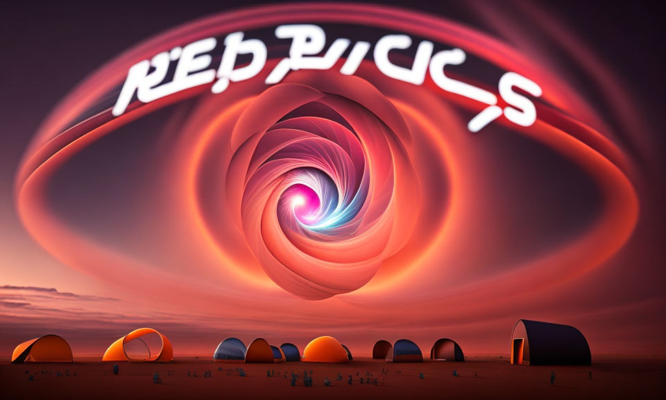 Surreal desert landscape with swirling sky and "Red Pills" in bold font