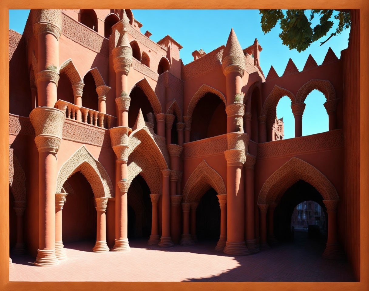 Traditional terracotta-hued building with ornate arches and arabesque designs