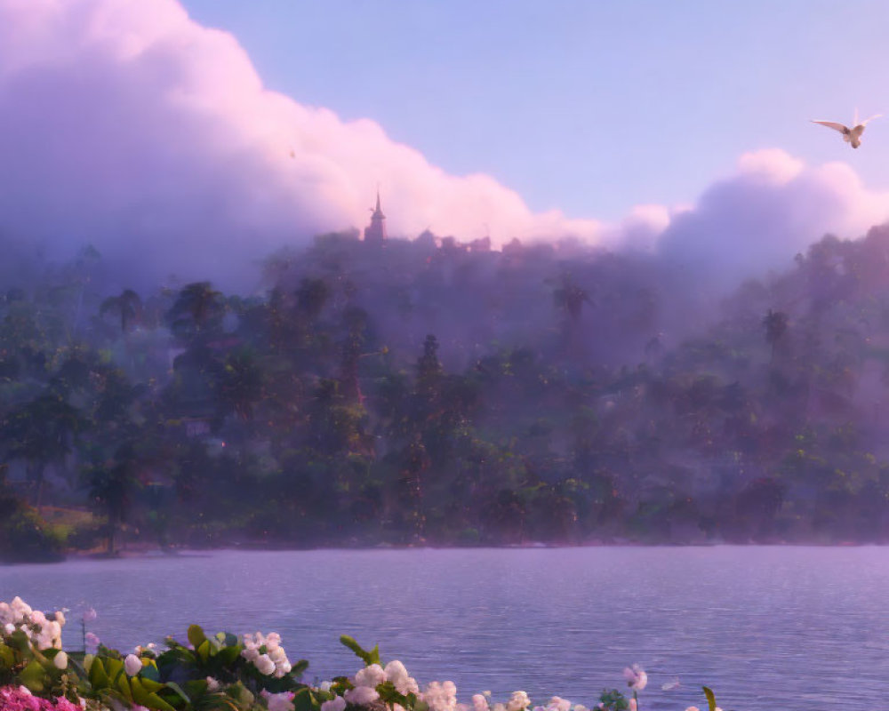 Tranquil lake scene with blooming flowers, misty hill, and distant steeple under