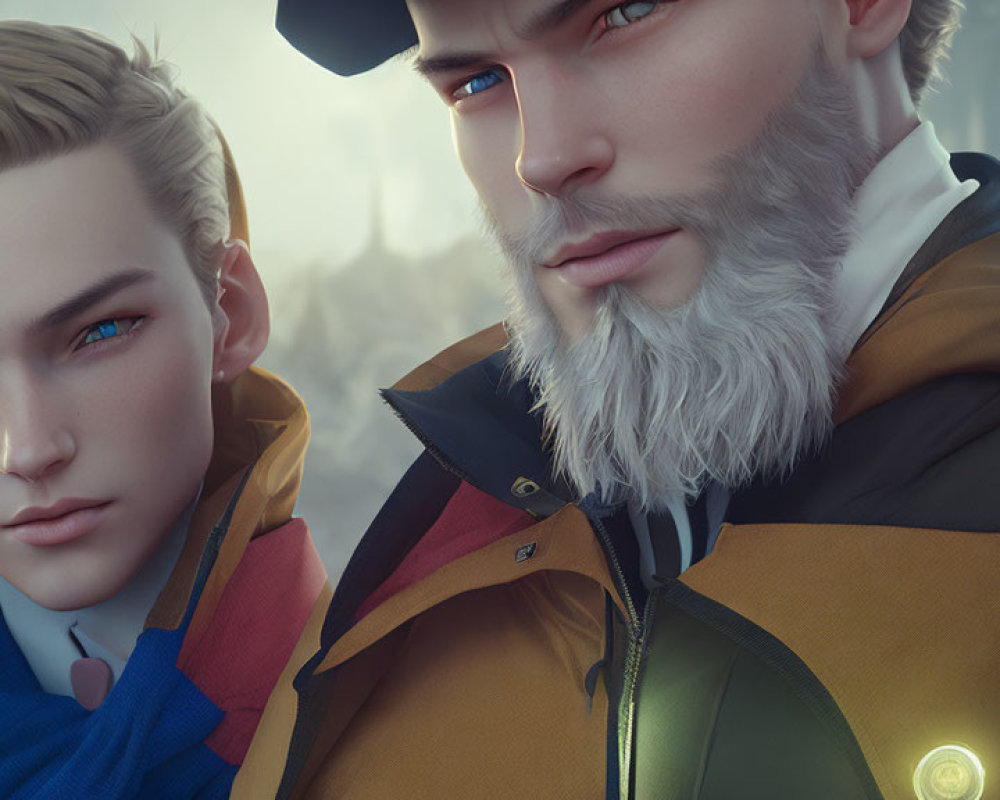 Stylized male characters: young blond with blue eyes & older with a beard in modern winter attire