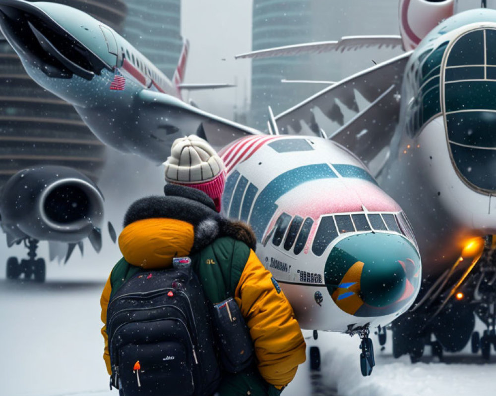 Person in winter jacket and beanie on snowy tarmac with airplanes and city skyscrapers.