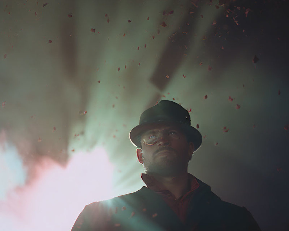 Man in hat gazes upward in moody, pink and blue setting