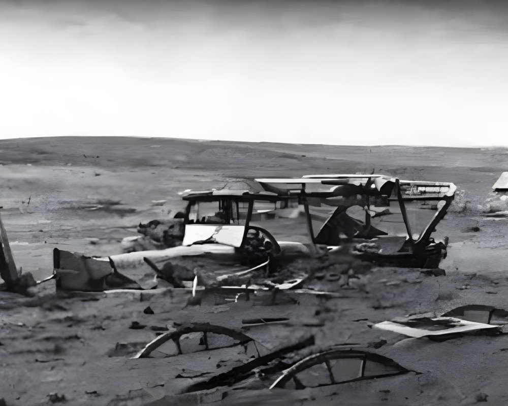 Desolate landscape with abandoned car and dilapidated building under cloudy sky