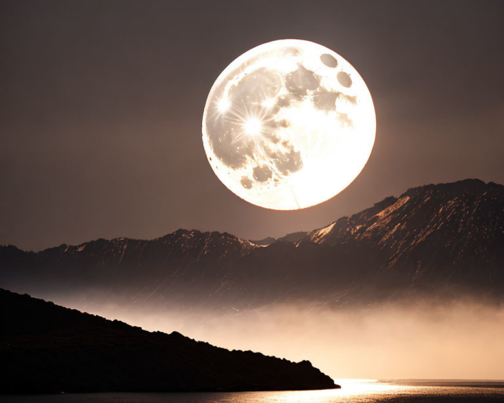 Full moon over mountain range reflecting on water