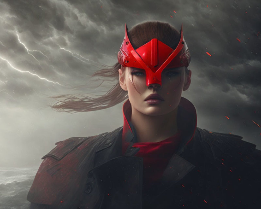 Woman in red mask and coat under stormy sky with falling embers