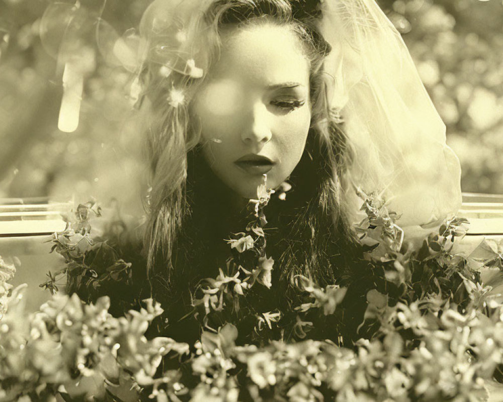 Sepia-Toned Portrait of Contemplative Woman with Veil and Blurred Flowers