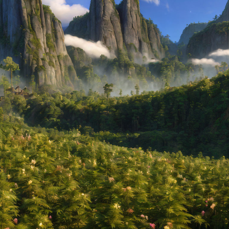 Misty cliffs and lush greenery with pink flowers around a forest hut