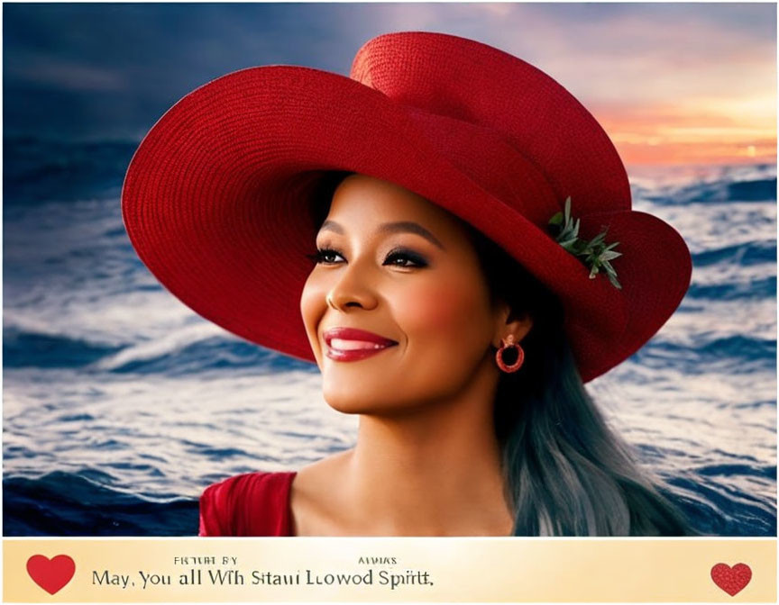 Smiling woman with red hat at sunset by the sea with text overlays