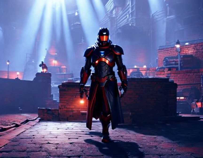 Futuristic knight in red and black armor in industrial setting