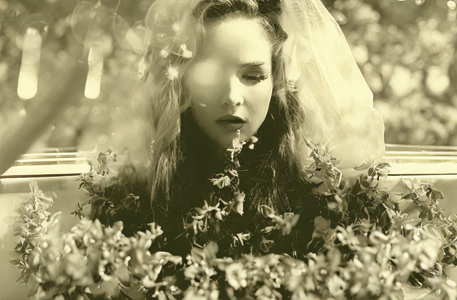 Sepia-Toned Portrait of Contemplative Woman with Veil and Blurred Flowers