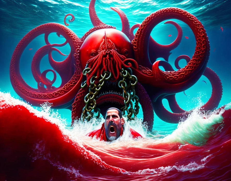 Man Screaming Underwater Encountering Red Octopus