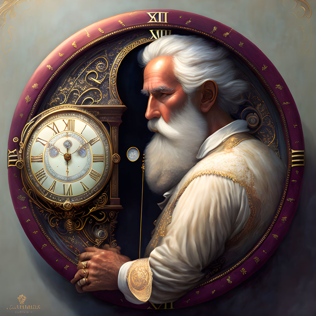 Elderly man with white beard in regal attire fused into ornate clock design