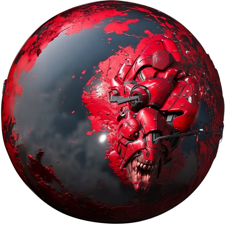 Mechanical Dragon Head Emerging from Marbled Sphere