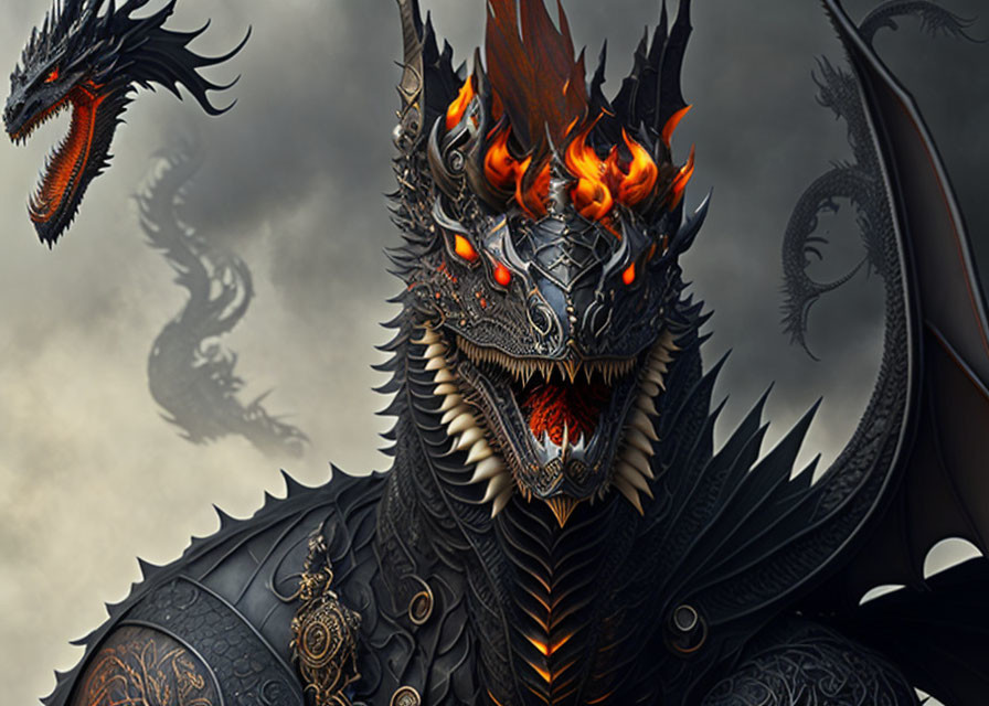 Detailed Illustration: Menacing Black Dragon with Glowing Eyes and Flames, Dragon Silhouettes Back