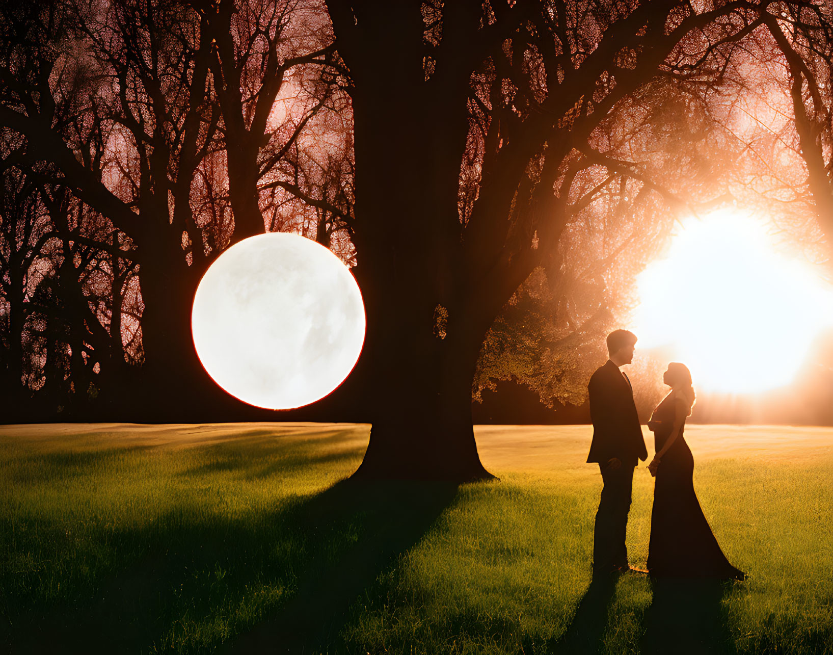 Couple under twilight sky with glowing moon and tree silhouettes