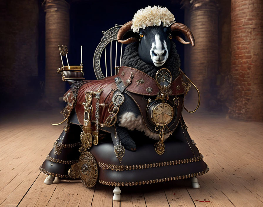 Steampunk-themed sheep in elaborate attire against moody backdrop