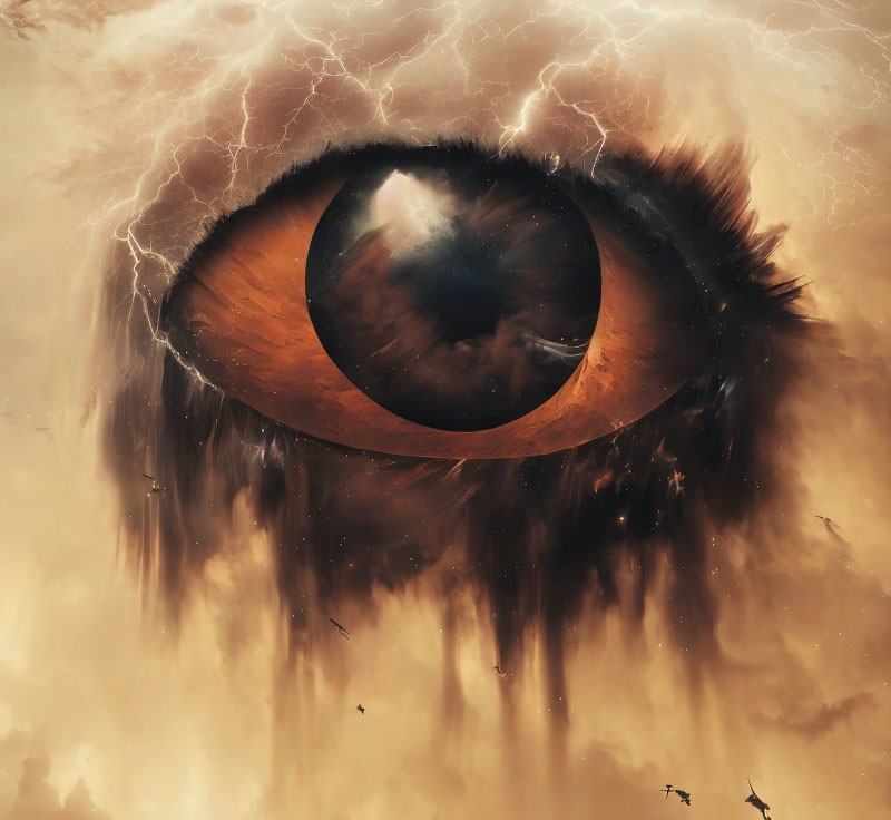 Detailed illustration of giant eye with orange iris in cosmic setting